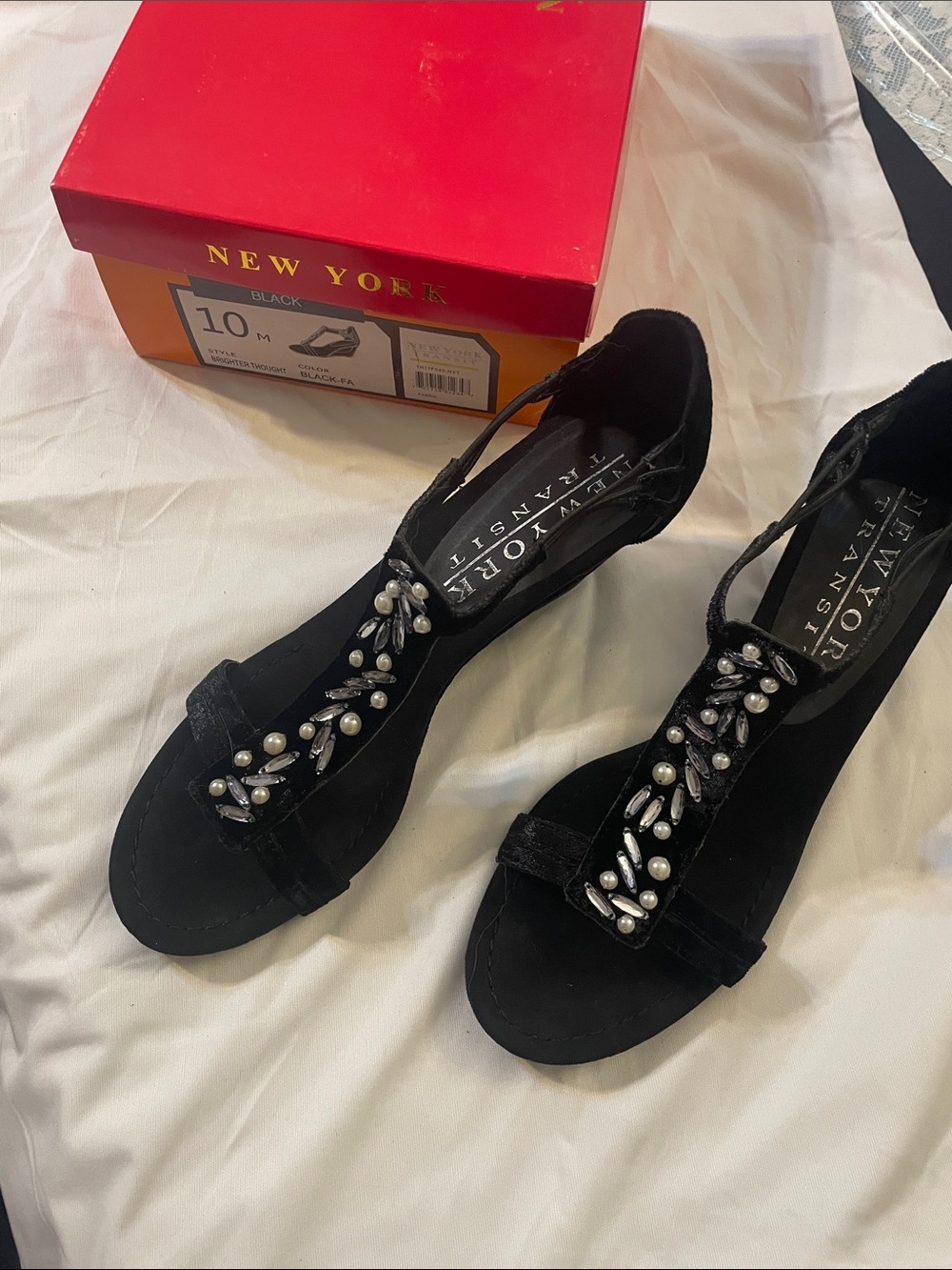 New York Transit Black T-Strap Sandals with Pearl & Crystal Accents